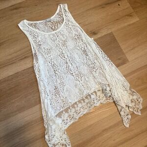 Tempo Paris White Crochet Lace Tank Top Sharkbite Hem Sleeveless Boho Small